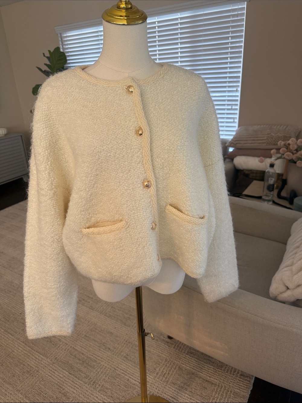 Cream Bouclé Button-Front Women's Jacket